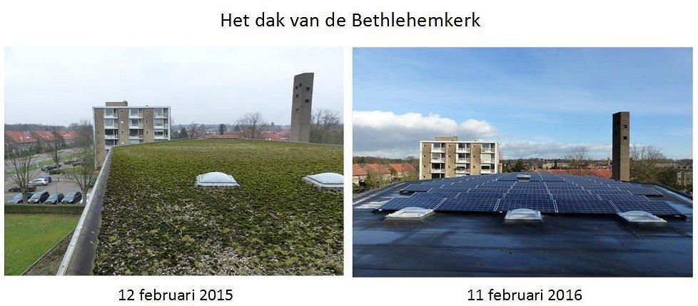 Zonnepanelen op een kerkdak in Hilversum